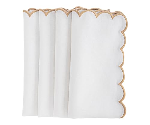 Beige and White Napkins with Gold Trim Set of 4, Premium Quality, 100% Cotton, White and Gold Embroidered Scalloped Napkin, Wedding Reception, Party, Beige Linen Napkins18x18 - color: Beige Closewave