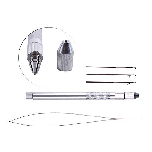 Hair Extension Tools 3 Different Size Knitting Hook Needles+ 1 Holder +1 Pulling Needle Loop Threader Aluminum Ventilating Holder and Needles Kit (Silver)