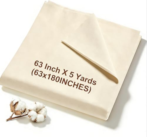 100% Cotton Muslin Fabric, 63 Inch X 5 Yards (180 Inches) Unbleached Muslin Linen Fabric by the Yard, Premium Medium Weight Muslin Cloth Fabric for Sewing, Embroidery, Crafts, & Apparel Projects - size: 5 Yards