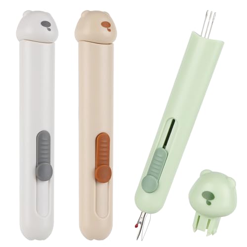 3Pcs 3 in 1 Needle Threader Seam Ripper, Automatic Needle Threaders with 3 Needles Storage for Hand Stitching, Seam Rippers for Sewing Stitch Remover Tool