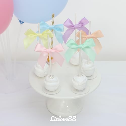 Pre-Tied Pastel Rainbow Satin Ribbon Bows for Crafts 3", 6 Colors - color: Pastel