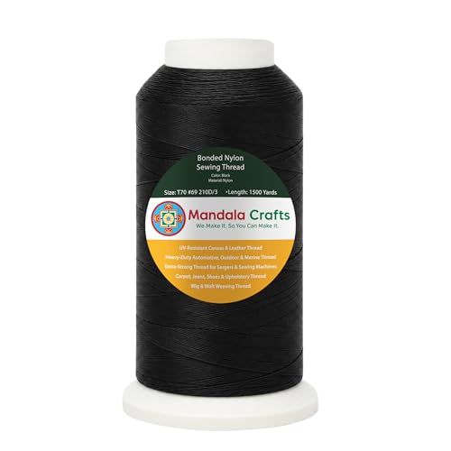 Mandala Crafts Size 69 210D T70 Black Bonded Nylon Thread, 1500 YDs - color: Black, size: T70 #69 210D/3 1500 Yards