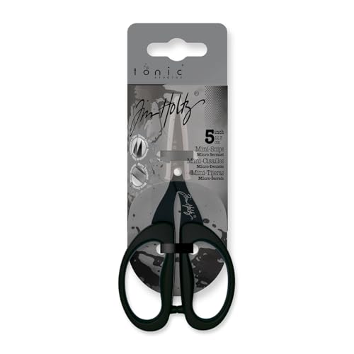 Tim Holtz Small Scissors - 5 Inch Mini Snips with Micro Serrated Blade - Craft Tool for Cutting Paper, Fabric, and Sewing - Titanium with Black Comfort Grip Handles - size: 5" Right Handed