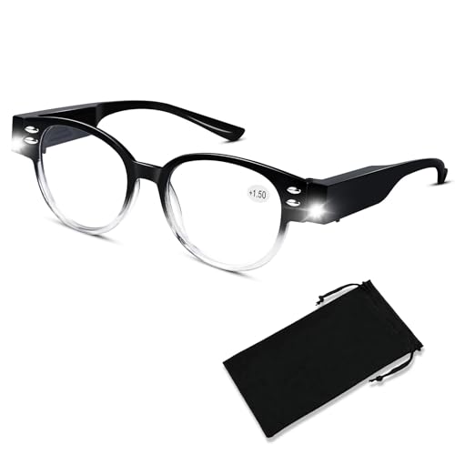 Reading Glasses with Lights Bright LED Readers with Lights Magnifier Glasses for Reading Fashion Blue Light Blocking Glasses Magnifier Nighttime Reader Women Men Clear Vision Lighted Eye Glasses+1.5 - size: +150