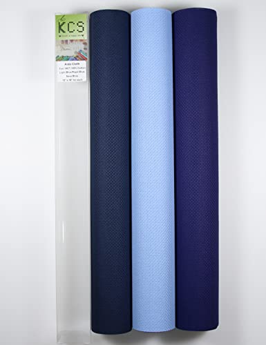 KCS 3 pc of 15" x 18" Counted Cross Stitch Cotton Aida Cloth Needlework Rolled Fabric Box,14CT,Light Blue+Royal Blue+Navy Blue - color: Light Blue+royal Blue+navy Blue, size: 14CT