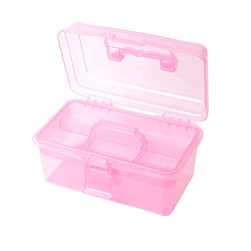 Multipurpose Plastic Storage Container Organizer Box Case with Removable Tray and Handle for Art, Craft, Sewing Supplies, Clear&Pink - color: clear/pink
