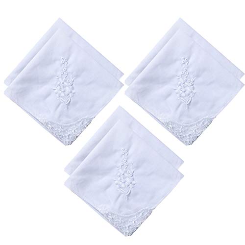 6 Pack of Ladies Embroidery Cotton Handkerchiefs Lace Wedding Hankies - color: White