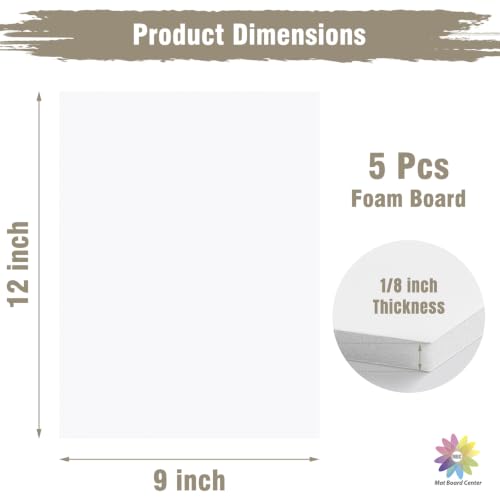 Mat Board Center 9x12 White Foam Boards Pack of 5, 1/8" Thick - size: 9x12