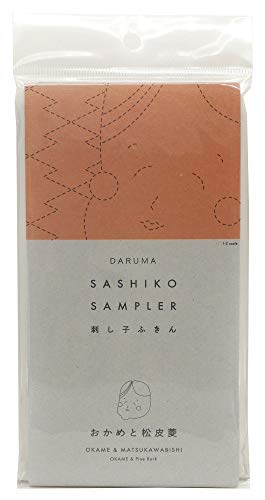 Yokota Daruma Sashiko Cloth - Pre-Printed Sampler With English Instruction Inside (Navy OKAME) - White Fabric - color: Navy Okame