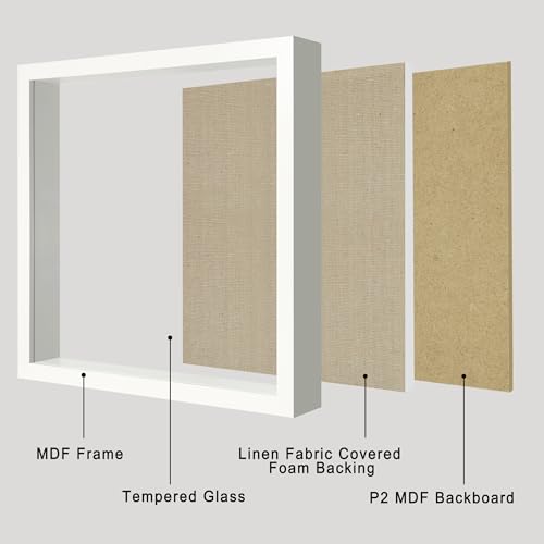 11x11 Shadow Box Display Case with Tempered Glass, White Wooden Large Memory Shadow Box Frame with Soft Linen Back for Wall or Tabletop Display - color: White, size: 11x11
