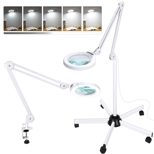 15X Magnifying Glass with Light and Stand, Super Bright 2,200 Lumens LED Magnifying Floor lamp with 5 Wheels Rolling Base, 5 Color Modes Stepless Dimming Lighted Magnifier for Esthetician Facial Salon - color: White