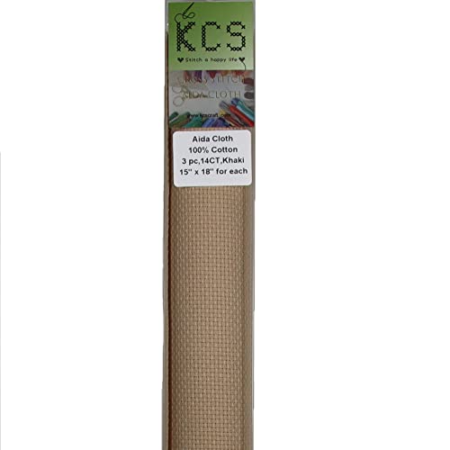 KCS 3 pc of 15" x 18" Counted Cross Stitch Cotton Aida Cloth Needlework Rolled Fabric Box,14CT,Khaki - color: Khaki, size: 14CT
