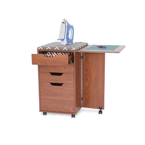 Kangaroo Kiwi Sewing Storage Rolling Caddy and Ironing Station – Mobile Craft Storage Cabinet with Ironing Surface & Shelves - color: Teak