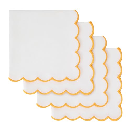 Blue Needles Cotton Scalloped Embroidery Cloth Napkins 17X17Inch - Set of 4 - color: White(edges - Golden Yellow)