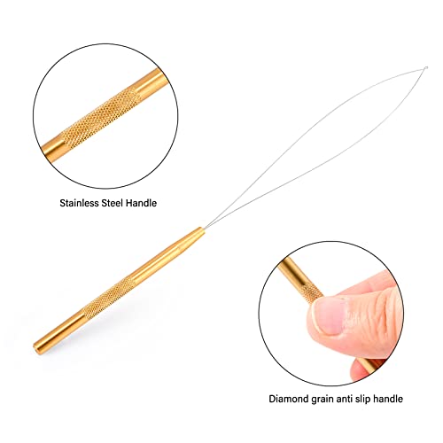 Gomake Hair Extensions Closed and Remover Pliers set, Micro Silicone Rings Beads Hair Extensions Loop Needle Threader Pulling Hook Tool and Bead Device Tool for Hair or Feather Extensions (Gold) - color: Gold