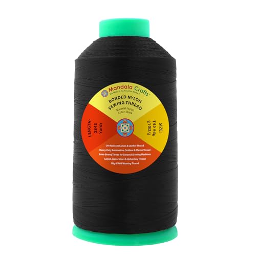 Mandala Crafts Size 46 210D T45 Black Bonded Nylon Thread, 2843 YDs - color: Black, size: T45 #46 210D/2 2843 Yards