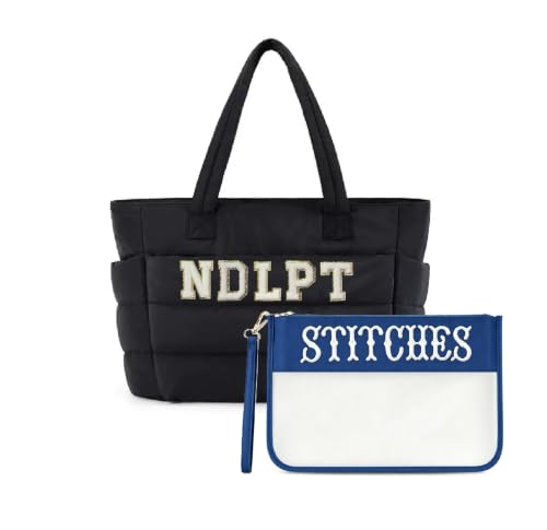 Needlepoint (NDLPT) Tote Bag & Clear Stitching Zipper Pouch Set (Black) - color: Black