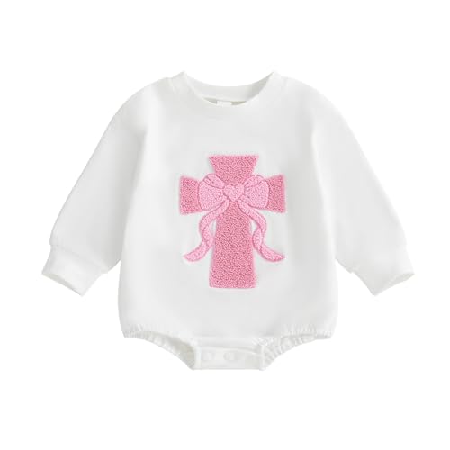 Newborn Baby Girl Clothes Cross Bow Embroidery Bubble Romper Pullover Sweatshirt Fall Winter Outfits 0-18M - color: White, size: 12-18 Months