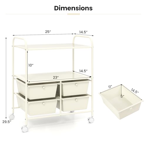 Giantex Rolling Storage Cart w/ 4 Drawers 2 Shelves Metal Rack Shelf Home Office School Beauty Salon Utility Organizer Cart with Wheels, Ivory - color: Ivory, size: 4 Drawer-25"x14.5"x29.5"
