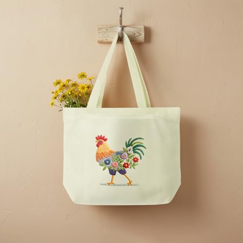 ERKOON Canvas Tote Bag Embroidery Kit for Beginners, Floral Arts Crafts Cross Stitch Kits for Adults Including Stamped Embroidery Bag with Hoops, Needle, Instruction and Color Threads (Rooster) - color: Rooster