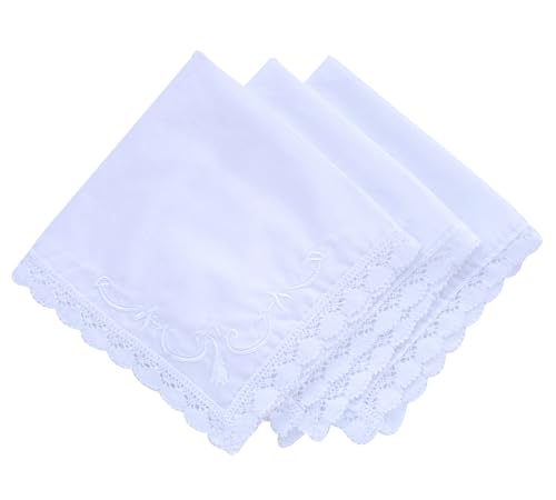 MileyMarla Ladies Embroidery Cotton White Handkerchiefs Lace Wedding Hankies - color: J04-3pcs a