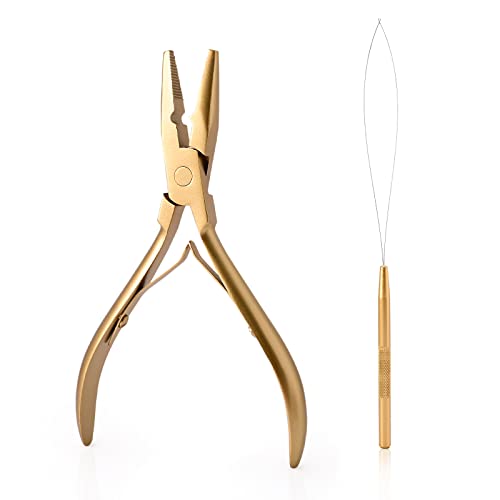 Gomake Hair Extensions Closed and Remover Pliers set, Micro Silicone Rings Beads Hair Extensions Loop Needle Threader Pulling Hook Tool and Bead Device Tool for Hair or Feather Extensions (Gold) - color: Gold