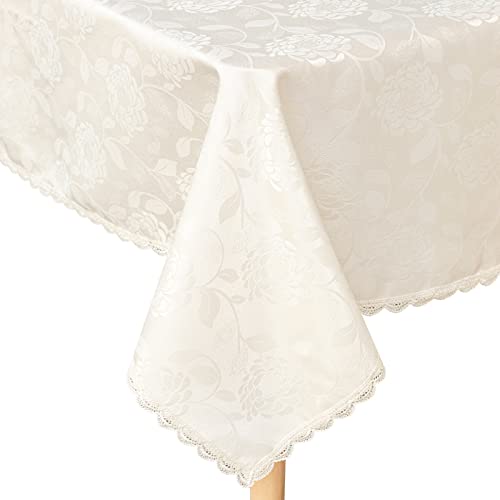 GLORY SEASON Textured Tablecloth Waterproof Spillproof Lace Trim Rectangle Damask Fabric Table Cloth for Wedding Kitchen Dinning Tabletop Decoration,Oblong Table Cover 55 x 86 Inch,Ivory White - size: 86" x 55" (Rectangular)