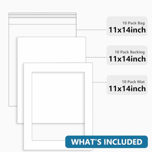 Somime 10 Pack White Mat Set 11x14 for 8.5x11 with White Core Bevel Cut - size: 11x14 10pack white complete set for 8.5x11