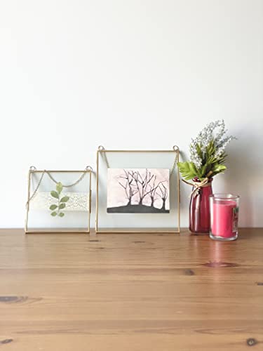 Glass Frame for Pressed Flowers, Leaf and Artwork - Hanging Square Metal Picture Frames, Clear Double Glass Floating Frame, Wall Decor Photo Display, Set of 2 Flower Press Frames with Chain (Gold, 10x10) - color: Gold, size: 10x10