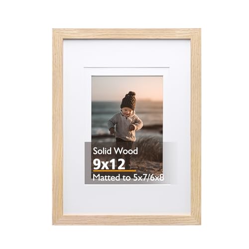 KINLINK 9x12 Picture Frame, Natural Solid Wood Frame with Acrylic Plexiglass for Pictures 5x7/6x8 with Mat or 9x12 without Mat, Tabletop and Wall Mounting Display Photo Frame 1 Pack - color: Natural, size: 9x12