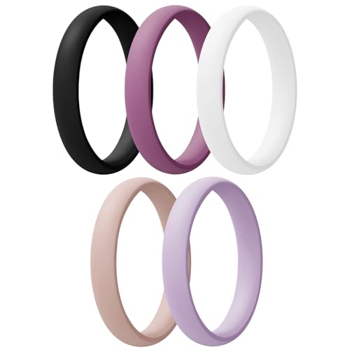 Egnaro Women's Silicone Wedding Ring 2.5mm Wide 1.8mm Thick Rubber Band Set - color: A5-Black, Orchid Haze, White, Light Pink, Light Purple