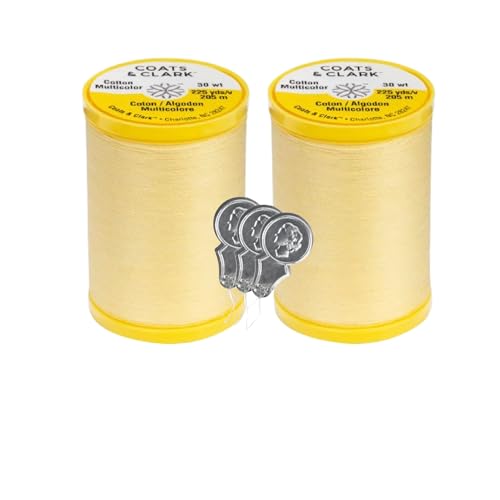 Coats & Clark Cotton All Purpose Sewing Thread 100% Mercerized Cotton 225 Yards Each Spool S970 2 Pack Bundle with 3 Bella's Crafts Needle Threaders (Yellow) - color: Yellow