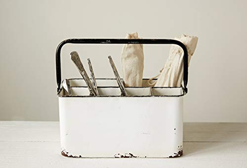 Creative Co-Op Metal Caddy with 6 Compartments, Handle, and Distressed Enamel Finish, White and Black - color: White and Black