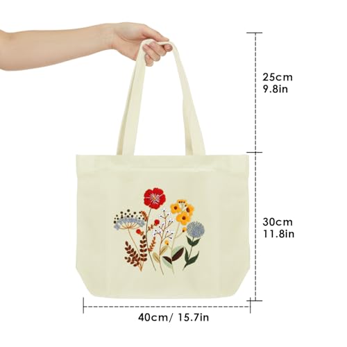 ERKOON Canvas Tote Bag Embroidery Kit for Beginners, Floral Arts Crafts Cross Stitch Kits for Adults Including Stamped Embroidery Bag with Hoops, Needle, Instruction and Color Threads (Flower) - color: Flower-White2