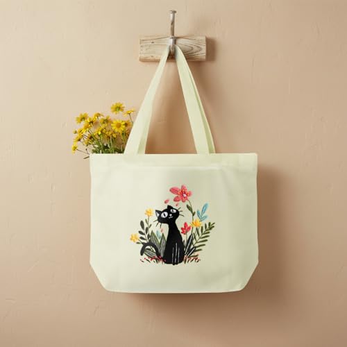 ERKOON Canvas Tote Bag Embroidery Kit for Beginners, Floral Arts Crafts Cross Stitch Kits for Adults Including Stamped Embroidery Bag with Hoops, Needle, Instruction and Color Threads (Cat) - color: Cat