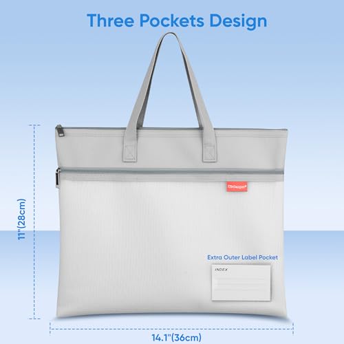Wisdompro 14.1×11" Mesh Zipper Pouch with Handle, 3 Pockets File Bag-Grey - color: Grey