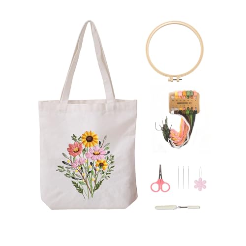 Vigdit Canvas Tote Bag Embroidery Kit for Beginners, Needlepoint Cross Stitch Kit for Adult Beginner, DIY Reusable Grocery Bags Embroidery Starter Kit with Stamped Floral Tools & Instructions - color: Flower2