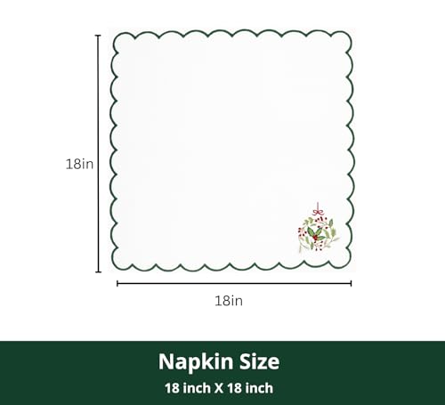 PurpleEssences Scalloped Cloth Napkins 18x18 in - White Edges Green Wreath - color: Christmas - Wreath