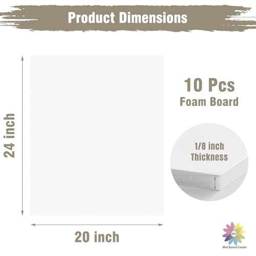 Mat Board Center, Pack of 10 Acid-Free Foam Boards, 20x24 inch White Foam Boards, 1/8" Thick - color: White, size: 20x24