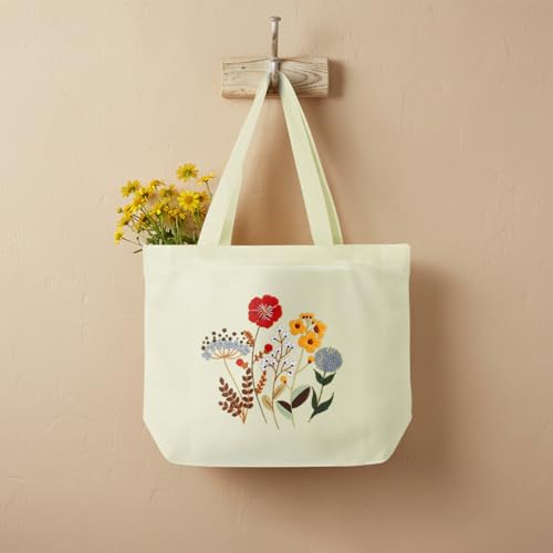 ERKOON Canvas Tote Bag Embroidery Kit for Beginners, Floral Arts Crafts Cross Stitch Kits for Adults Including Stamped Embroidery Bag with Hoops, Needle, Instruction and Color Threads (Flower) - color: Flower-White2