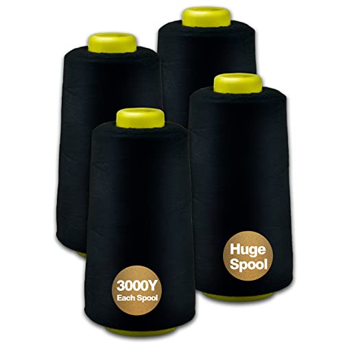 Black Serger Thread, All-Purpose Thread for Sewing, Polyester, 4 Cones of 3000 Yards Each Spool for Sewing Machine - color: 4 black