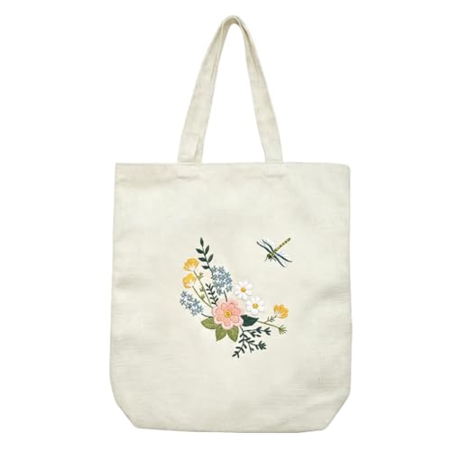 Canvas Tote Bag Embroidery Kit, Embroidery Kits for Beginners, Arts and DIY Crafts Embroidery Starter kit, Include Stamped Embroidery Bag, Threads, Embroidery Tools (Beige Bag with Dragonfly 2) - color: Beige Bag with Dragonfly 2