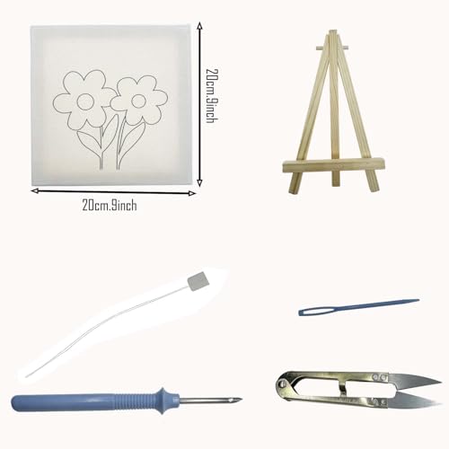 Allazone Punch Needle Starter Kit, Embroidery Frame With Square Fabric, Flower Pattern, Hoop, Yarns (Yellow and Pink Flowers) - color: Green Blue