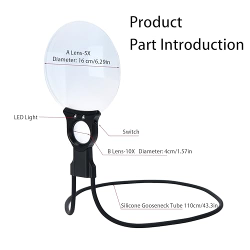 5X 10X Hands Free Magnifying Glass with Light for Close Work, Neck Wear Magnifier for Reading Book, Sewing, Knitting, Repairing, Cross Stitch, Crafts, Lighted Loupe for Seniors Low Vision