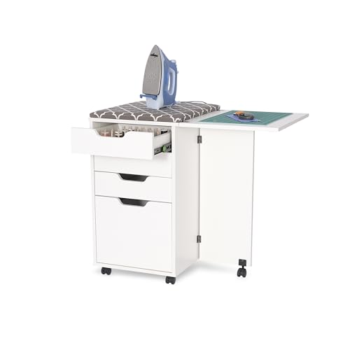 Kangaroo Kiwi Sewing Storage Rolling Caddy and Ironing Station – Mobile Craft Storage Cabinet with Ironing Surface & Shelves - color: Ash White