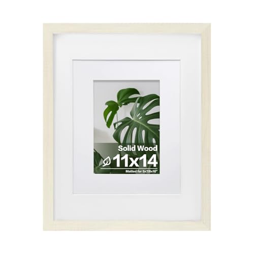 Egofine 11x14 Picture Frame Made of Solid Wood with Plexiglass, Display Pictures 5x7/8x10 with Mat or 11x14 Without Mat for Tabletop and Wall Mounting, Beige - color: Beige, size: 11x14