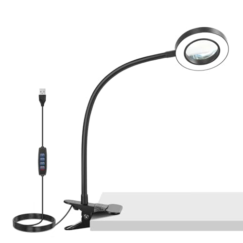 NEEWER Entry Level Version 10X Magnifying Glass with Light/Clamp Stand, 3.7" Bi Color Dimmable Magnifier Lamp Clip on Small LED Ring Light, 3 CRI80+ for Desk Crafting Reading Close up Work, N34 - style: N34