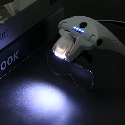 YOCTOSUN Magnifying Glass with 4 LED Lights,5 Lenses,Headband,Storage Case - color: White With Storage Case
