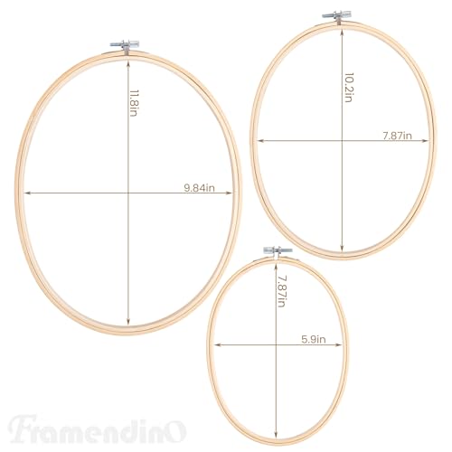 Framendino, 3 Pack 3 Sizes Oval Embroidery Hoops Bamboo Circle Cross Stitch Hoop Ring Frames for Sewing DIY Craft