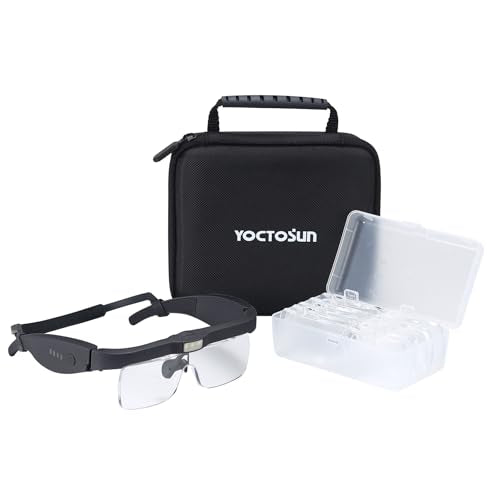 YOCTOSUN Magnifying Glass with LED Lights,5 Lenses,Storage Case,Head Strap - color: Black With Storage Case